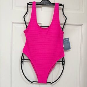 Mosmann Australia Neon Pink One‎ Piece Swimsuit Scoop Neck High Cut Padded Beach